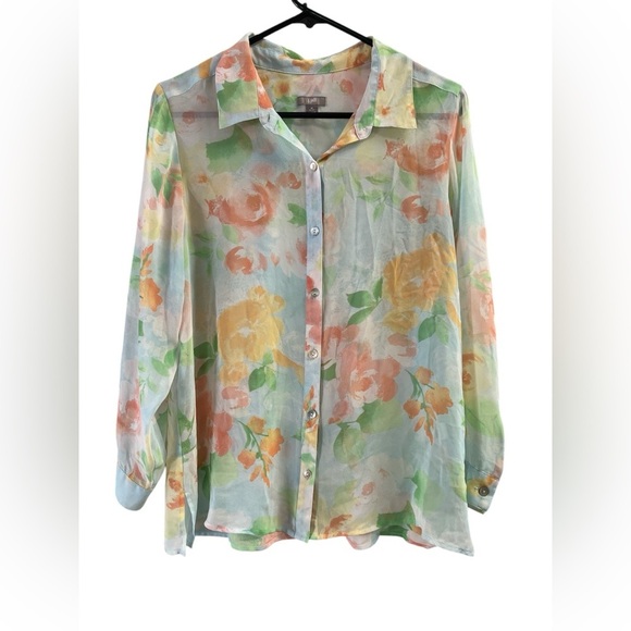 J Jill floral pastel sheer long sleeve button down blouse - Picture 2 of 6
